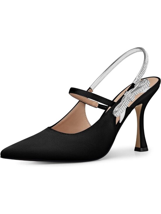 Shoes - Sparkly Rhinestone Bow Kitten Heel Pumps - 3.8" Ankle Strappy Dress Shoes for